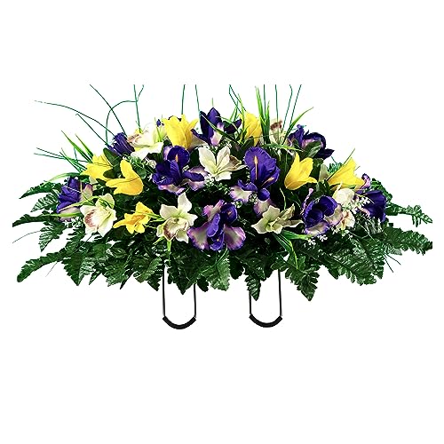 Product: Sympathy Silks Artificial Cemetery Flowers – Realistic Vibrant Tulips, Outdoor Grave Decorations - 30" Yellow Tulip Purple Iris White Orchid Saddle for Headstone