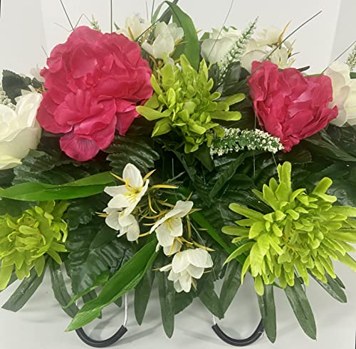 Silky Flower Store Artificial Cemetery Flower Grave Decoration, Pink Peony White Rose Headstone Saddle, Spring Summer Memorial, 32.5cm 2 2 Product: Spring Cemetery Flowers for Headstone and Grave Decoration-Pink Peony and White Rose Mix Saddle