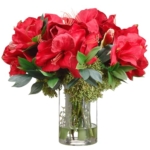 Product: 17" Silk Amaryllis Flower, Skimmia & Sedum Arrangement w/Glass Vase -Red/Green
