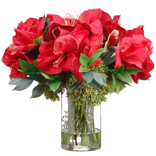 Product: 17" Silk Amaryllis Flower, Skimmia & Sedum Arrangement w/Glass Vase -Red/Green
