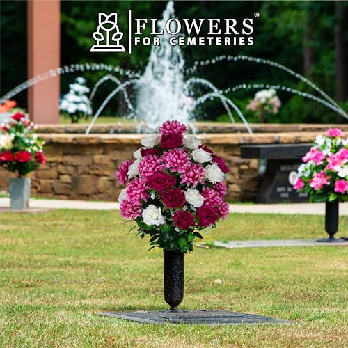 Silky Flower Store Sympathy Silks Artificial Cemetery Flowers, White Roses Pink Peony, Gravesite Floral Arrangement, 32.5cm 1 1 Product: Sympathy Silks Artificial Cemetery Flowers - Gravesite Flowers - White Roses and Pink Peony