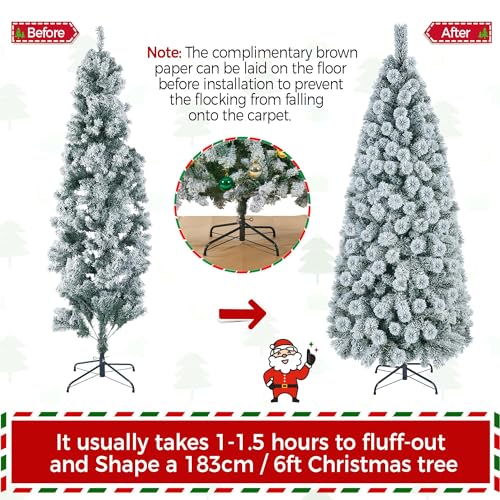 Product: Yaheetech 6ft Pre-lit Snow Flocked Christmas Tree, Premium Hinged Artificial Pine Tree w/ 250 Colorful LED Lights and 564 Branches Tips, Prelit Slim Pencil Christmas Tree w/Metal Stand White