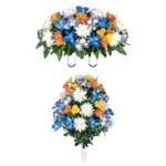 Product: Sympathy Silks Artificial Cemetery Flowers - graveside Flowers - Blue Tiger Lily, Purple Hydrangea, Orange Alstroemeria - (1) Headstone Flower Saddle & (1) Matching Bouquet