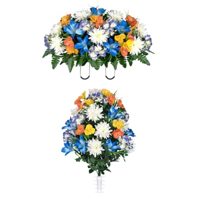 Product: Sympathy Silks Artificial Cemetery Flowers - graveside Flowers - Blue Tiger Lily, Purple Hydrangea, Orange Alstroemeria - (1) Headstone Flower Saddle & (1) Matching Bouquet