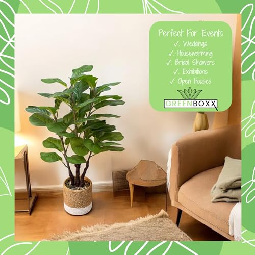 Product: GreenBoxx 35" Artificial Fiddle Leaf Fig Tree Faux Plant - Green Fake Boho Ficus Plants - 45 Leaves Large Cement Pot for Home Decor, Office, Store, Indoor/Outdoor Natural Floor Trees Fake Plant