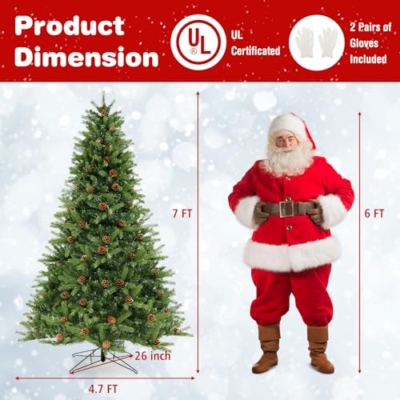 Product: GOFLAME 7FT Pre-Lit Christmas Tree - Quick Shape Artificial Xmas Tree with 700 LED Lights, Remote, Timer & Pine Cones for Holiday Home Office Decor