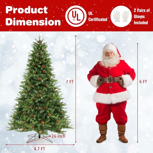 Product: GOFLAME 7FT Pre-Lit Christmas Tree - Quick Shape Artificial Xmas Tree with 700 LED Lights, Remote, Timer & Pine Cones for Holiday Home Office Decor