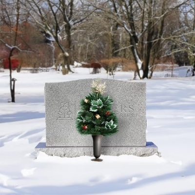 Product: Sympathy Silks Artificial Cemetery Flowers - Gravesite Flowers - Gold Topper Christmas Tree w Holly and Presents - (1) Tree (1) Cemetery Vase