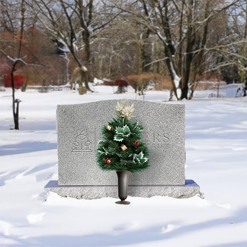 Product: Sympathy Silks Artificial Cemetery Flowers - Gravesite Flowers - Gold Topper Christmas Tree w Holly and Presents - (1) Tree (1) Cemetery Vase