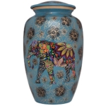 Product: Blue Funeral urn with Elephant - Floral Spiritual Indian Design - Cremation Urn for Human Ashes - Aluminum -Suitable for Cemetery Burial or Niche - Large Size fits Remains of Adults up to 200 lbs