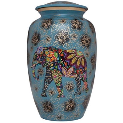 Product: Blue Funeral urn with Elephant - Floral Spiritual Indian Design - Cremation Urn for Human Ashes - Aluminum -Suitable for Cemetery Burial or Niche - Large Size fits Remains of Adults up to 200 lbs