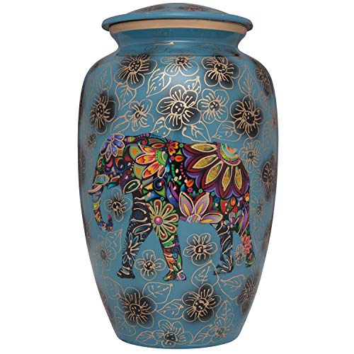 Blue Funeral urn with Elephant - Floral Spiritual Indian Design - Cremation Urn for Human Ashes - Aluminum -Suitable for Cemetery Burial or Niche - Large Size fits Remains of Adults up to 200 lbs - Artificial Flower Arrangements Product: Blue Funeral urn with Elephant - Floral Spiritual Indian Design - Cremation Urn for Human Ashes - Aluminum -Suitable for Cemetery Burial or Niche - Large Size fits Remains of Adults up to 200 lbs