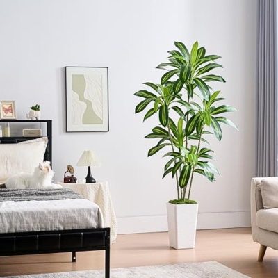 Product: Artificial Dracaena Tree Artificial Silk Tree Faux Tree Fake Tropical Yucca Floor Plant with White Tall Planter (1, White Tall Planter, 6FT)