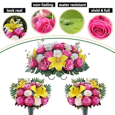 Product: AILVEMEE 3 PCS Artificial Cemetery Flowers Set with Vase - Pink Rose, Lily & Carnation Headstone Flower Saddle for Graves