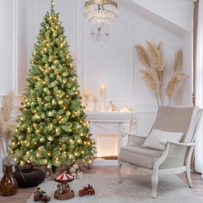 Silky Flower Store 8FT Prelit Christmas Tree, 500 Warm White Lights, 1460 Branch Tips, Hinged Memory Wire, Metal Base, 8FT 9 9 Product: 8FT Prelit Christmas Tree - Premium Artificial Xmas Tree with 500 Lights & 1460 Branch Tips for Holiday Home Decoration