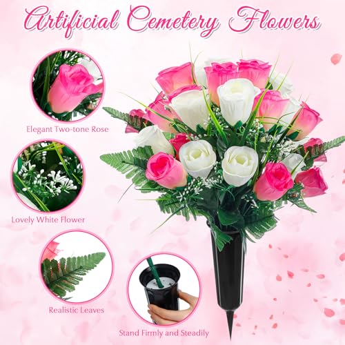 Product: XunYee 3 Pcs Artificial Cemetery Flower Set Cemetery Flowers Saddle Flowers Rose Bouquets with Vase 1 Saddle and 2 Memorial Bouquets for Outdoor Headstone Decor Grave(Pink, White)
