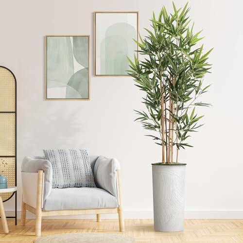 Product: Artificial Tree in White Marble Effect Planter, Fake Bamboo Silk Tree for Indoor and Outdoor Home Decoration - 70" Overall Tall (Plant Pot Plus Tree)