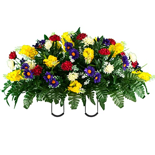 Product: Sympathy Silks Artificial Cemetery Flowers – Realistic Vibrant Wildflowers Outdoor Grave Decorations - Non-Bleed Colors- 1 Red Yellow Wildflower Bouquet, 1 Matching Saddle, & 1 vase Included