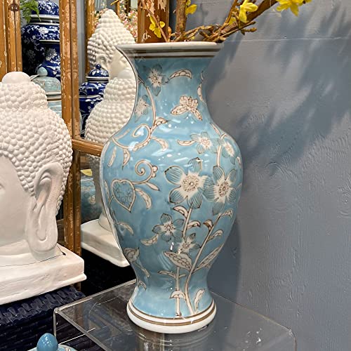 Product: Galt International Light Blue and White Flower & Heart Chinoiserie Ceramic Vase 14"- Hand Painted Antique Style Porcelain Flower Bottle Fishtail Porcelain Chinese Vase for Home Decor Centerpiece