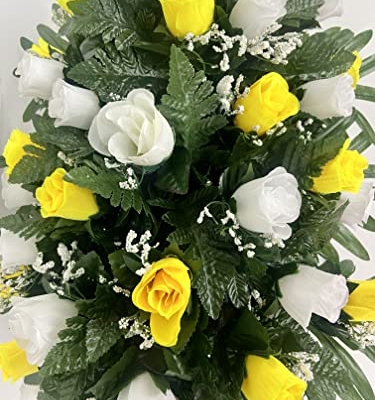 Product: Yellow and White Rose Headstone Saddle for Cemetery Grave Decoration, Summer Flowers for Gravesite, Sympathy Flowers