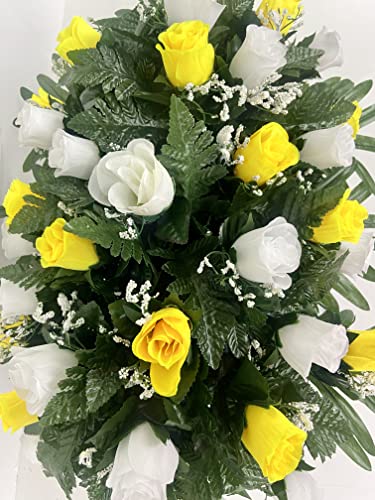 Product: Yellow and White Rose Headstone Saddle for Cemetery Grave Decoration, Summer Flowers for Gravesite, Sympathy Flowers