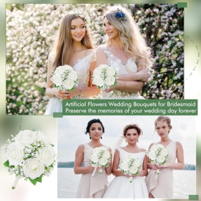 Silky Flower Store Artificial Bridesmaid Bouquets, Ivory White Rose Babys Breath Silk Bouquet, Set of 6, 7 Inch 9 9 Product: SEMONONIA Artificial Bridesmaid Bouquets Set of 6-7 Inch Bridesmaid Bouquets Ivory White Rose Babys Breath Pre-Made Silk Flower Bouquet for Wedding Bridal Shower Centerpiece Ceremony and Anniversary