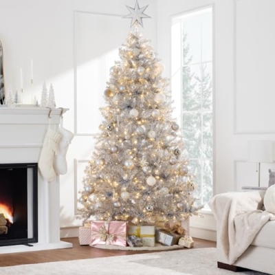 Product: Best Choice Products 6ft Prelit Tinsel Christmas Tree, Artificial Seasonal Holiday Decoration w/ 1,000 Branch Tips, Stand - Silver