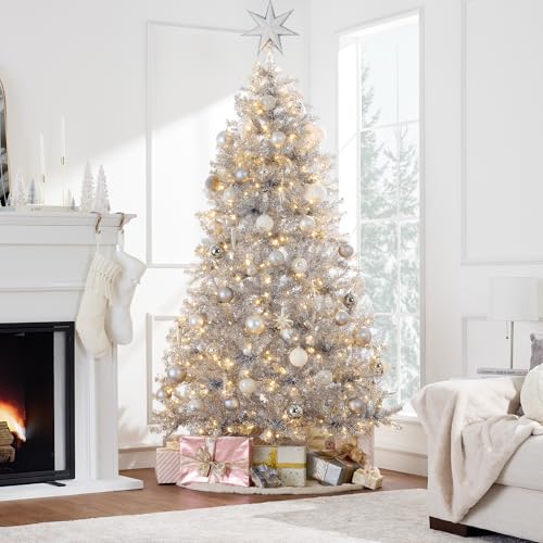 Product: Best Choice Products 6ft Prelit Tinsel Christmas Tree, Artificial Seasonal Holiday Decoration w/ 1,000 Branch Tips, Stand - Silver