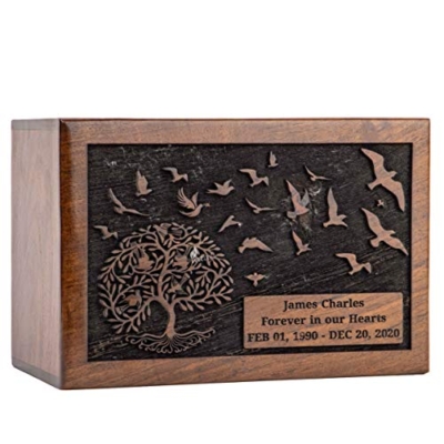 Product: INTAJ Cremation Urn for Human Ashes Adult Male Female - Tree of Life Wooden Box Urn for Ashes - Handmade Decorative Funeral Urn (Customised Tree Birds, L (9x6x5) 185 Cu/in)