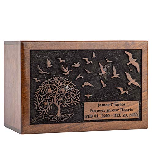 Product: INTAJ Cremation Urn for Human Ashes Adult Male Female - Tree of Life Wooden Box Urn for Ashes - Handmade Decorative Funeral Urn (Customised Tree Birds, L (9x6x5) 185 Cu/in)