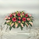 Product: Cemetery Saddle for Headstone - Realistic Silk Faux Floral Artificial Grave Flowers - Beauty Pink Roses and Calla Lilies for Headstone Flower Saddle