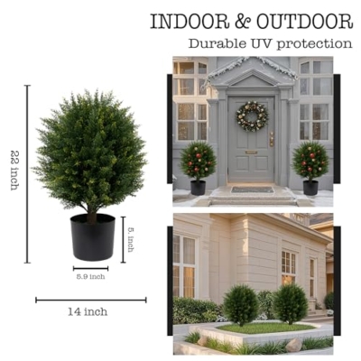 Product: Artificial Cedar Topiary Ball Tree Two 22''T Artificial Shrub Plants UV Resistant Potted Bushes for Front Porch Home Garden Indoor Outdoor