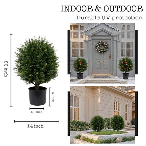 Product: Artificial Cedar Topiary Ball Tree Two 22''T Artificial Shrub Plants UV Resistant Potted Bushes for Front Porch Home Garden Indoor Outdoor