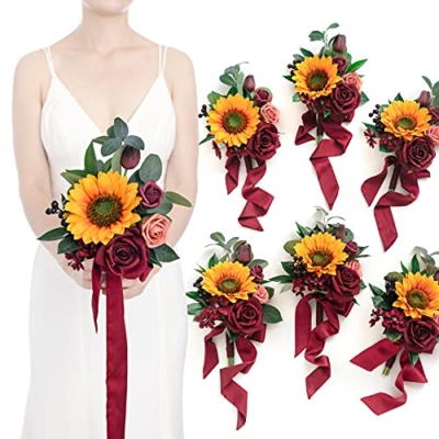 Product: Ling's Moment Artificial Flowers Sunflower Bridesmaid Bouquet Set of 6, Burgundy & Sunflower Wedding Flowers Bouquets for Bridesmaids, 7 Inch Bridal Bouquets for Bridesmaids, Wedding, etc