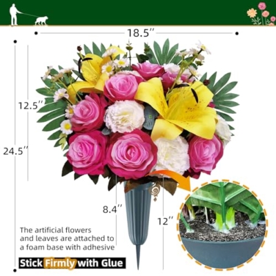 Product: AILVEMEE 3 PCS Artificial Cemetery Flowers Set with Vase - Pink Rose, Lily & Carnation Headstone Flower Saddle for Graves
