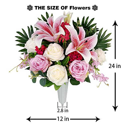 Product: HENOMO Cemetery Saddle Flower and Bouquets with Vases,Tombstone Floral Memorial Arrangement - Pink Lily and Rose,Graveside Decoration for Headstone