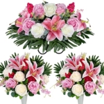 Product: HENOMO Cemetery Saddle Flower and Bouquets with Vases,Tombstone Floral Memorial Arrangement - Pink Lily and Rose,Graveside Decoration for Headstone