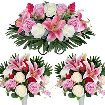 Product: HENOMO Cemetery Saddle Flower and Bouquets with Vases,Tombstone Floral Memorial Arrangement - Pink Lily and Rose,Graveside Decoration for Headstone