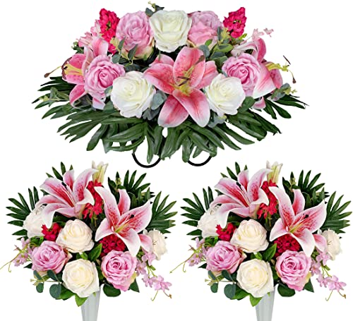 Product: HENOMO Cemetery Saddle Flower and Bouquets with Vases,Tombstone Floral Memorial Arrangement - Pink Lily and Rose,Graveside Decoration for Headstone