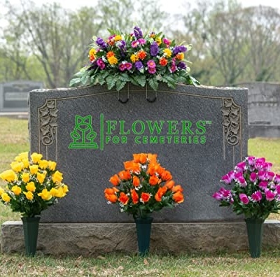 Product: Sympathy Silks Artificial Cemetery Flowers – Realistic Wildflower Outdoor Grave Decorations - Purple Violet Wildflower Saddle for Headstone