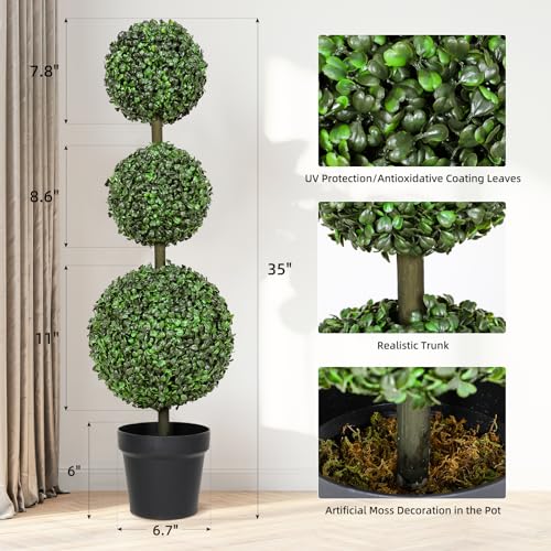 Product: Luyue 3FT Artificial Topiaries 2 Pack Boxwood Ball Tree Front Porch Decor Outdoor Topiary Plant Set of 2 Faux 3 Balls Boxwood Topiary in Pot for Outdoor Front Door Plant Patio and Garden Décor