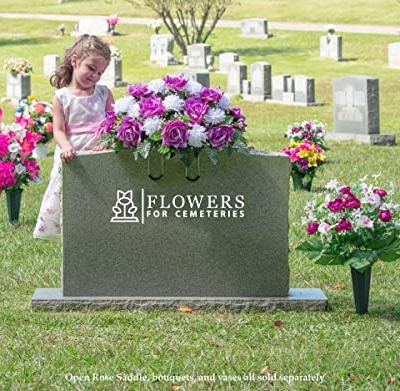 Silky Flower Store Sympathy Silks Artificial Cemetery Flowers, Lavender Open Rose White Mum Saddle, UV Resistant, 32.5cm 10 10 Product: Sympathy Silks Artificial Cemetery Flowers - Realistic - Outdoor Grave Decorations - Non-Bleed Colors, and Easy Fit - Lavender Open Rose with White Mum Saddle for Headstone