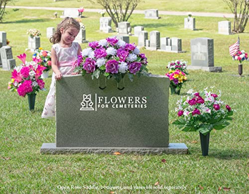 Silky Flower Store Sympathy Silks Artificial Cemetery Flowers, Lavender Open Rose White Mum Saddle, UV Resistant, 32.5cm 1 1 Product: Sympathy Silks Artificial Cemetery Flowers - Realistic - Outdoor Grave Decorations - Non-Bleed Colors, and Easy Fit - Lavender Open Rose with White Mum Saddle for Headstone