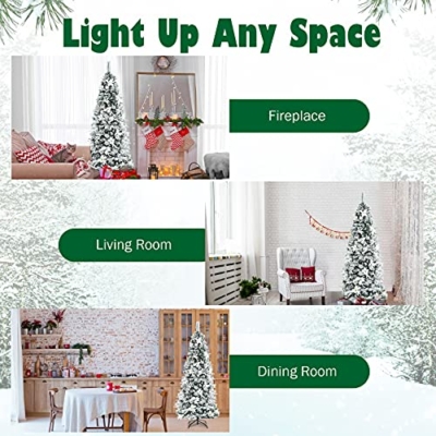 Product: Goplus Snow Flocked Pencil Christmas Tree, 7FT Hinged Artificial Skinny Xmas Tree with White Berries, Poinsettia Flowers and Folding Metal Stand, Perfect for Holiday Indoor Décor