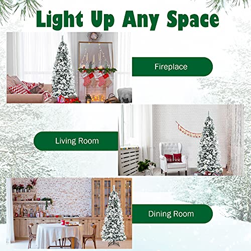 Product: Goplus Snow Flocked Pencil Christmas Tree, 7FT Hinged Artificial Skinny Xmas Tree with White Berries, Poinsettia Flowers and Folding Metal Stand, Perfect for Holiday Indoor Décor