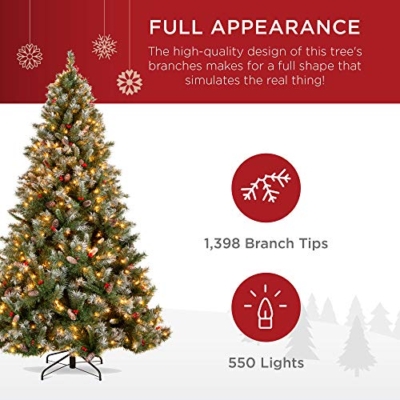 Product: Best Choice Products Christmas Tree Pre-Lit, Pre-Decorated Artificial 7.5ft Frosted Pine Holiday Decoration w/Frosted Tips, Pine Cones, Berries
