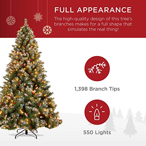 Product: Best Choice Products Christmas Tree Pre-Lit, Pre-Decorated Artificial 7.5ft Frosted Pine Holiday Decoration w/Frosted Tips, Pine Cones, Berries