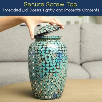 Product: Mosaic Glass Cremation Urn - Hand Made Funeral Urn for Human Ashes - Large Adult Size Burial Urn - Hand Applied Individual Tiles Create a one of a Kind Work of Art - 200 cu in (Blue)