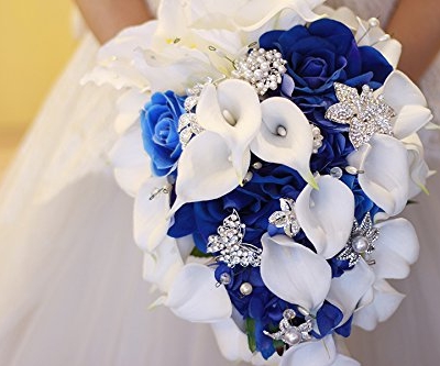 Silky Flower Store Artificial Bridal Bouquet Calla Lilies, Royal Blue Wedding Flowers, Faux Waterfall Bouquet, 37cm 7 7 Product: IFFO New Bridal Bouquet, Wedding Flowers, Calla Lilies, Artificial Flowers, Waterfalls, Water Drop Style, Collection Decorations (Royal Blue)