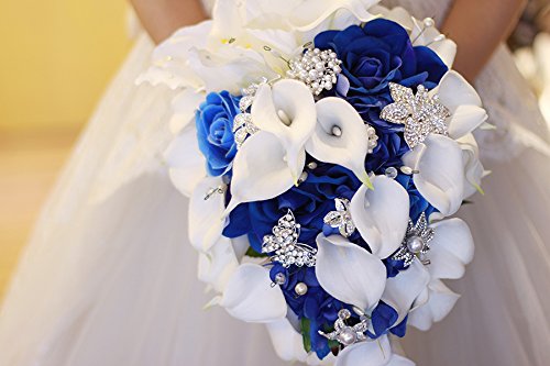 Silky Flower Store Artificial Bridal Bouquet Calla Lilies, Royal Blue Wedding Flowers, Faux Waterfall Bouquet, 37cm 1 1 Product: IFFO New Bridal Bouquet, Wedding Flowers, Calla Lilies, Artificial Flowers, Waterfalls, Water Drop Style, Collection Decorations (Royal Blue)